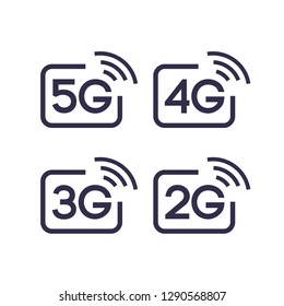 5G, 4G, 3G, 2G vector symbol set isolated on background - new mobile communication technology and smartphone network icons for website, ui, mobile app, banner. 10 eps