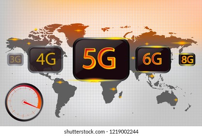 5G, 4G, 3G, 6G, 8G, with world map connectivity, digital display , Business technology concepts Vector illustrations