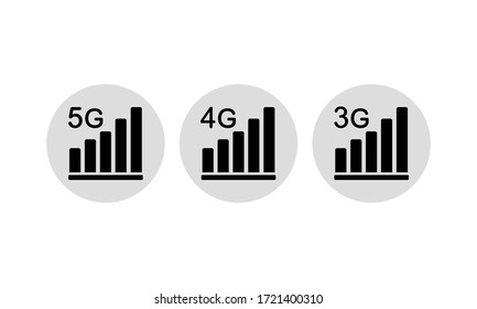 Conjunto de iconos 5G, 4G, 3G o nueva tecnología de comunicación móvil y símbolo de red de smartphones en fondo blanco aislado.Vector EPS 10.