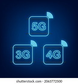 5G, 4G, 3G neon symbol set isolated on background, mobile communication technology and smartphone network. Vector stock illustration