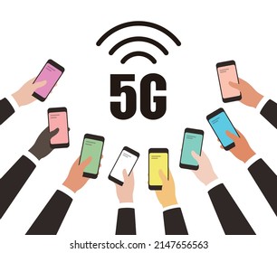 5G 5th generation mobile network wireless concept, many hans holding smart phone