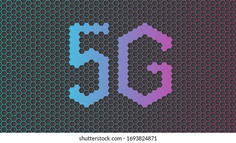 5G Abstract hexagon background vector design with cyan and purple gradient backlight effect