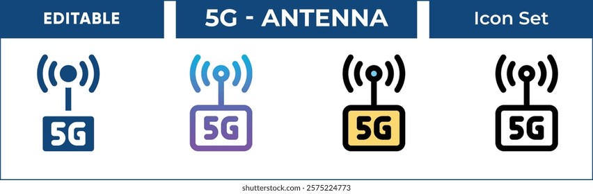 5G Antenna Icon Set. Editable Vector Icons for 5G, technology, 5G network, antenna, wireless communication, cellular network, and more. Includes line, gradient, filled, and outline styles.