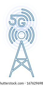 Icono vector de línea de antena 5G, 5ª generación de tecnología de red celular. Habilita Internet de las cosas.