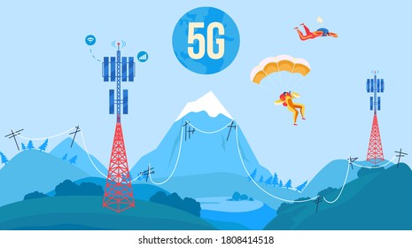 5G antenna tower communication vector illustration. Cartoon flat nature mountain landscape with 5G towered station receiver telecommunication equipment for internet network wireless signal background