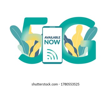 5G available now vector illustration. Phone with 5g wireless network technology symbol and flora, isolated.
