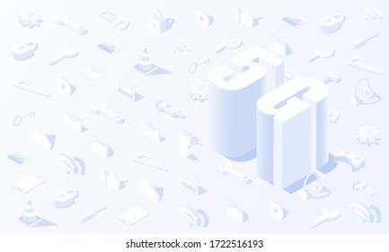 5G background. Technology tool Social media isometric vector design.