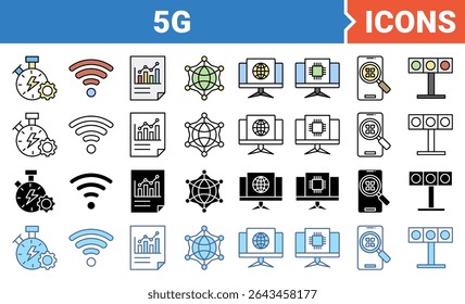5G banner icon set with multiple style. Containing icon of speed, signal, data, network, internet, technology, mobile and traffic icons vector illustration concept symbol collection.
