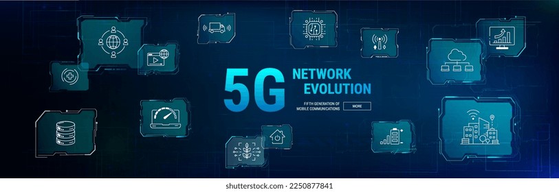 5G banner with icons and keywords. High speed wide area network. Infographic concept banner. Wireless systems, internet of things, speed, signal, big data, traffic. Vector info banner.