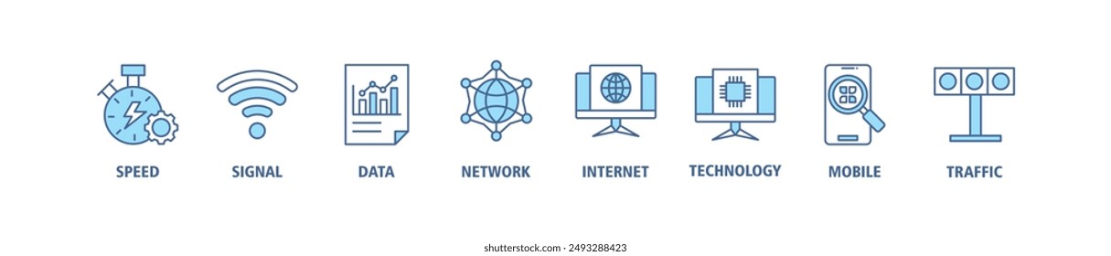 Conjunto de iconos de Web de Anuncio 5G concepto de ilustración de Vector con ícono de velocidad, señal, datos, red, internet, tecnología, móvil y tráfico