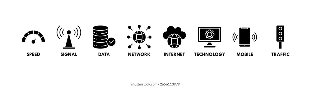 Ilustração vetorial do ícone da web do banner 5G com ícone da velocidade, sinal, dados, rede, internet, tecnologia, móvel e tráfego