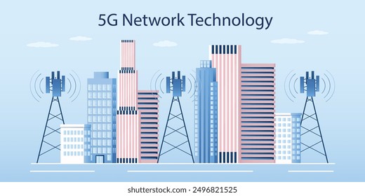 5g base station in smart city. Mobile data towers as innovative technology, telecommunication antennas and signal, cellular equipment. 5g technology and communication concept. 5G network technology.