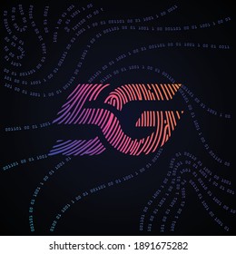 5G binary Fingerprint future technology logo, blue cyber security concept background, abstract high speed digital internet.motion move code 5G background  5th generation mobile network logotype.