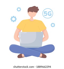 5G, boy using laptop computer connection wireless innovation vector illustration