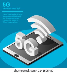 5G broadband cellular network technology vector illustration. Isometric concept includes tablet and 5G symbol.