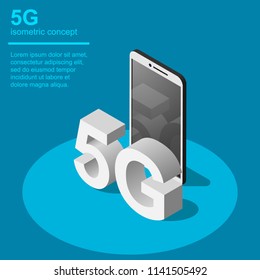 5G broadband cellular network technology vector illustration. Isometric concept includes smartphone and 5G symbol.