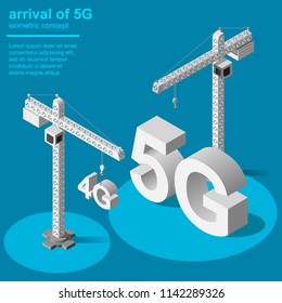 5G broadband cellular network technology installation instead of 4G. Isometric vector concept.