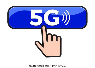 5G button and finger click cursor. Web button Vector illustration