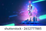 5g cell network communication tower or antenna transmits wireless signal on smart city. Cellular high speed internet. 5g or 6g telecommunication technology. Cellular Antenna for wireless network.