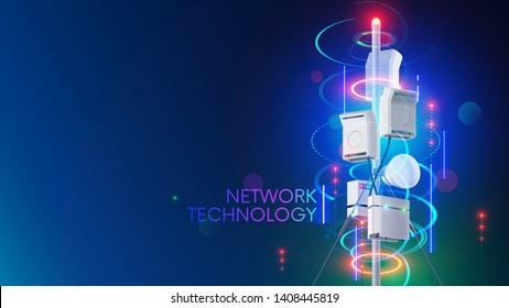 5g cell network communication tower or antenna transmits wireless signal on mobile devices. Cellular high speed internet. Fifth generation telecommunication technology. Tech background concept.
