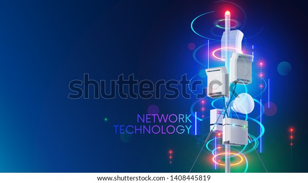5g cell network communication tower or antenna\
transmits wireless signal on mobile devices. Cellular high speed\
internet. Fifth generation telecommunication technology. Tech\
background concept.\
