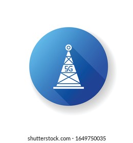 5G cell tower blue flat design long shadow glyph icon. Antenna signal. Wireless technology. Fast connection. Mobile cellular network coverage. Silhouette RGB color illustration
