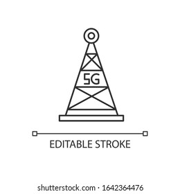 5G Cell Tower Pixel Perfect Linear Icon. Antenna Signal. Wireless Technology. Fast Connection. Thin Line Customizable Illustration. Contour Symbol. Vector Isolated Outline Drawing. Editable Stroke