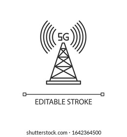 5G Cell Tower Pixel Perfect Linear Icon. Wireless Technology. Fast Connection. Telecommunications. Thin Line Customizable Illustration. Contour Symbol. Vector Isolated Outline Drawing. Editable Stroke