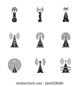 5G Cell Towers And Antennas Black Glyph Icons Set On White Space. Wireless Technology. Fast Connection. Mobile Network Coverage. Telecommunication. Silhouette Symbols. Vector Isolated Illustration