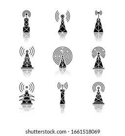 5G Cell Towers And Antennas Drop Shadow Black Glyph Icons Set. Wireless Technology. Fast Connection. Mobile Network Coverage. Telecommunication. Isolated Vector Illustrations On White Space