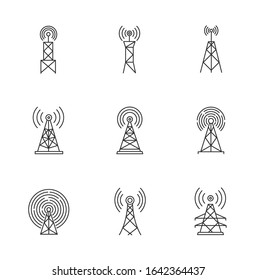 5G Cell Towers And Antennas Pixel Perfect Linear Icons Set. Fast Connection. Mobile Network Coverage. Customizable Thin Line Contour Symbols. Isolated Vector Outline Illustrations. Editable Stroke