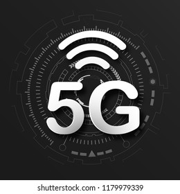 5G cellular mobile communication black logo background with global network line link transmission. Digital transformation and technology concept. Massive future device connection high speed internet