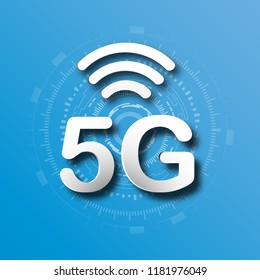 5G cellular mobile communication blue logo background with global network line link transmission. Digital transformation and technology concept. Massive future device connection high speed internet