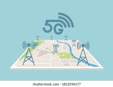 5G cellular network on a city map. Vector Illustration