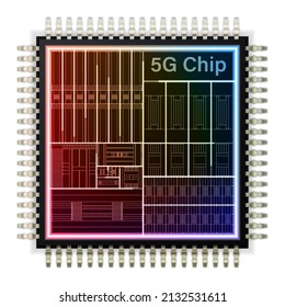 5G chip with colored scheme for board on white background. realistic microchip black color with shadow. stock vector illustration