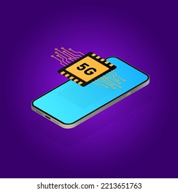 5G. Chip 5G en smartphone. Internet de alta velocidad 5G en el teléfono. Ilustración isométrica vectorial.