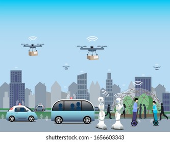 5G city for sustainability. IoT Connected robots. Electrified and autonomous vehicles. Greenhouse for growing plants using modern technology. Drones for light transports. Personal Transporters