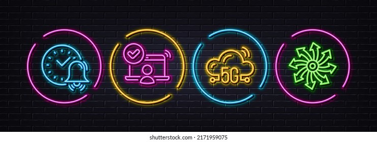 5g cloud, Alarm bell and Online access minimal line icons. Neon laser 3d lights. Versatile icons. For web, application, printing. Wifi internet, Time, Approved user. Multifunction. Vector