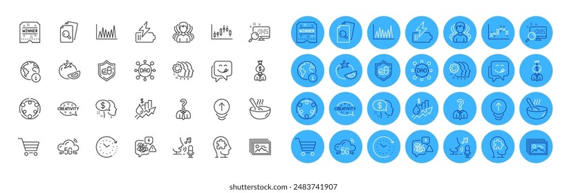 5g Cloud, Inspect und Time Change Line Icons Pack. Gruppe, Bild Galerie, Lächeln Web Ikone. Koch, Manager, Stress-Piktogramm. Mitarbeiter Teamarbeit, Internet, Dao. Verkauf, Mikrofon. Vektorgrafik