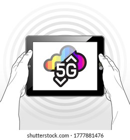 A 5G Cloud logo presented on a horizontally held Tablet PC screen.