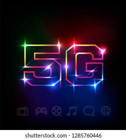 5G communication network systems. 5G  internet fast speed symbol with colored spotlights and multimedia icons concept.