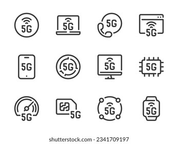 5G Communication Technology vector line icons. High Speed Wireless Network outline icon set.