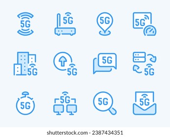 5G Communication Technology vector line icons. High Speed Wireless Network outline icon set. Signal, Data Transfer, Router, Network Speed, Modem, Connection and more.