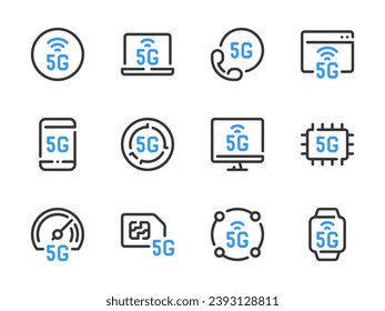 Iconos de línea vectorial 5G Communication Technology. Juego de iconos de esquema de red inalámbrica de alta velocidad.