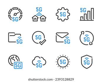 Vektorsymbole der 5G-Kommunikationstechnologie Umriss-Icon für das High-Speed Wireless-Netzwerk.
