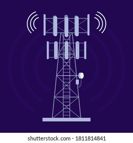 Torre de comunicación 5G. Transmisión, transmisión y distribución de señales de Internet desde antena 5G, torre de comunicaciones, transmisor y satélite. Ilustración del vector, emisión de antena de radio 
