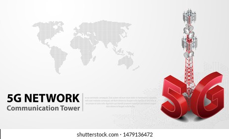 5g Communication Tower Wireless Hispeed Internet with Data center with circuit board is background. LTE aerial network connection, fastest internet in future