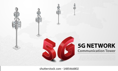 5g Communication Tower Wireless Hispeed Internet with Data center with circuit board is background. LTE aerial network connection, fastest internet in future