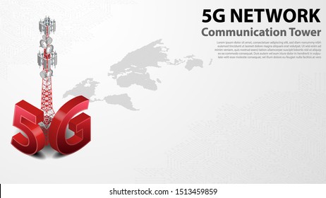 5g Communication Tower Wireless Hi-speed Internet With Data Center With Circuit Board Is Background. LTE Aerial Network Connection, Fastest Internet In Future