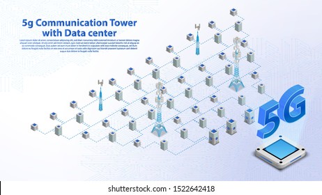 5g Communication Tower Wireless Hi-Speed Internet mit Rechenzentrum mit Schalttafel ist Hintergrund. LTE-Antennennetzanschluss, schnellstes Internet in Zukunft